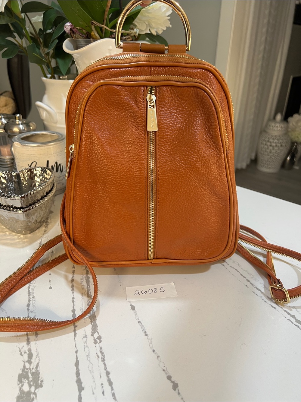 Valentina Made in Italy Compact Leather Backpack Purse - Burnt Orange